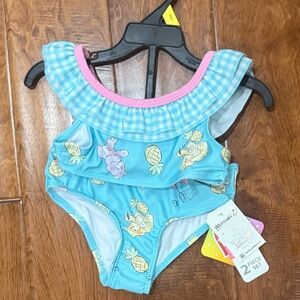 NWT Size 3T Care Bears Blue and Pink Swimsuit with Pineapple Print